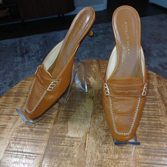 Antonio Melani "Nantucket" Brown Leather Loafer Mules Heels 6M Classic Style - Picture 3 of 12